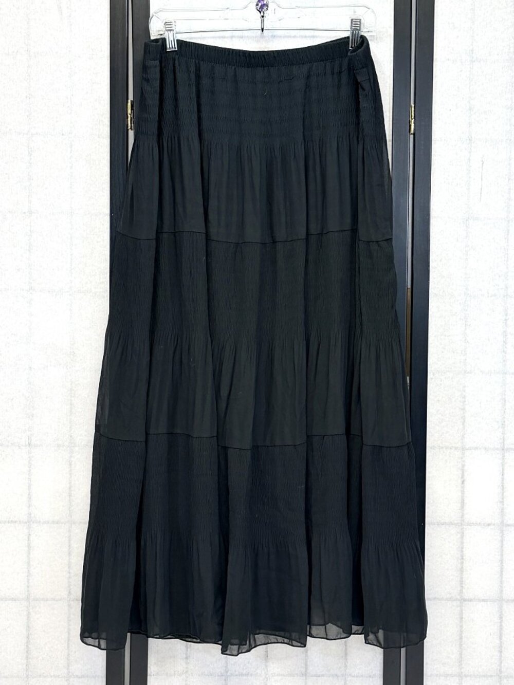 NASHALYLY Black 3XL Chiffon Tiered Pleated Flared Maxi Skirt Elastic Waist Boho
